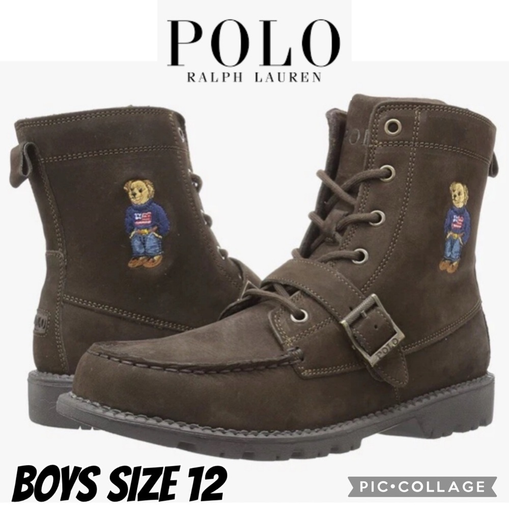 POLO Ralph Lauren Boys Boots Leather Ranger Polo Bear Suede Lace Up Brown 12